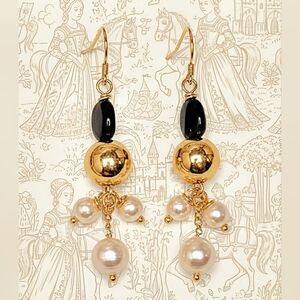 Natural Black Onyx & Dangling Pearls In Classic Expensive Looking Earrings
